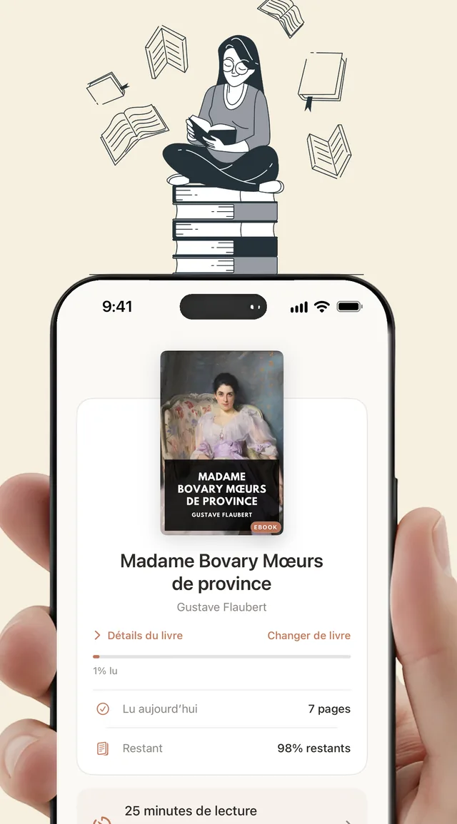 Bookside sur un iPhone, avec le livre en cours et les pages du jour