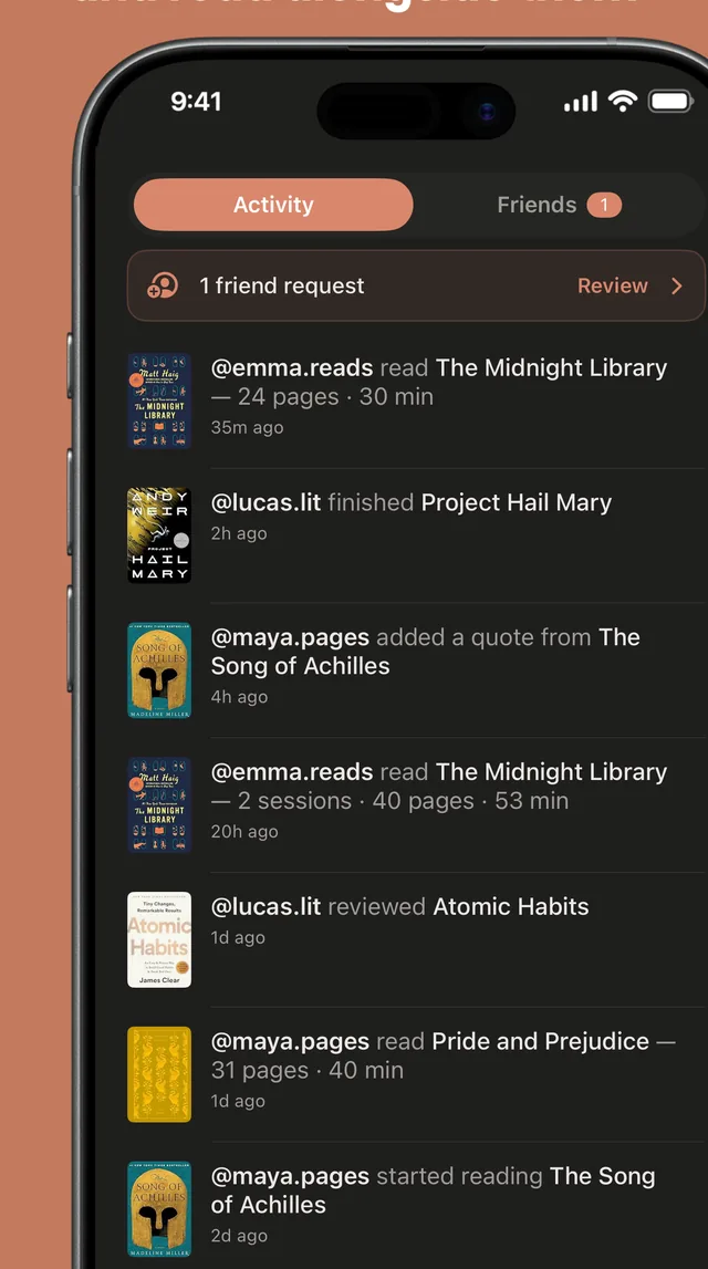 The friends activity feed in Bookside
